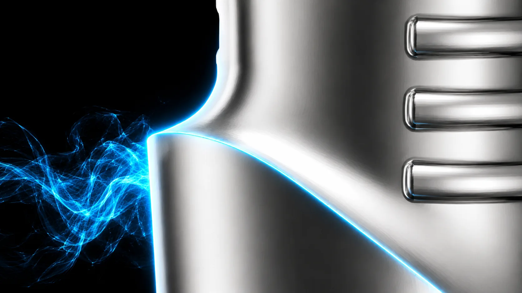 Macro of a sharp 90° finish line on a metallic coping with aqua glow