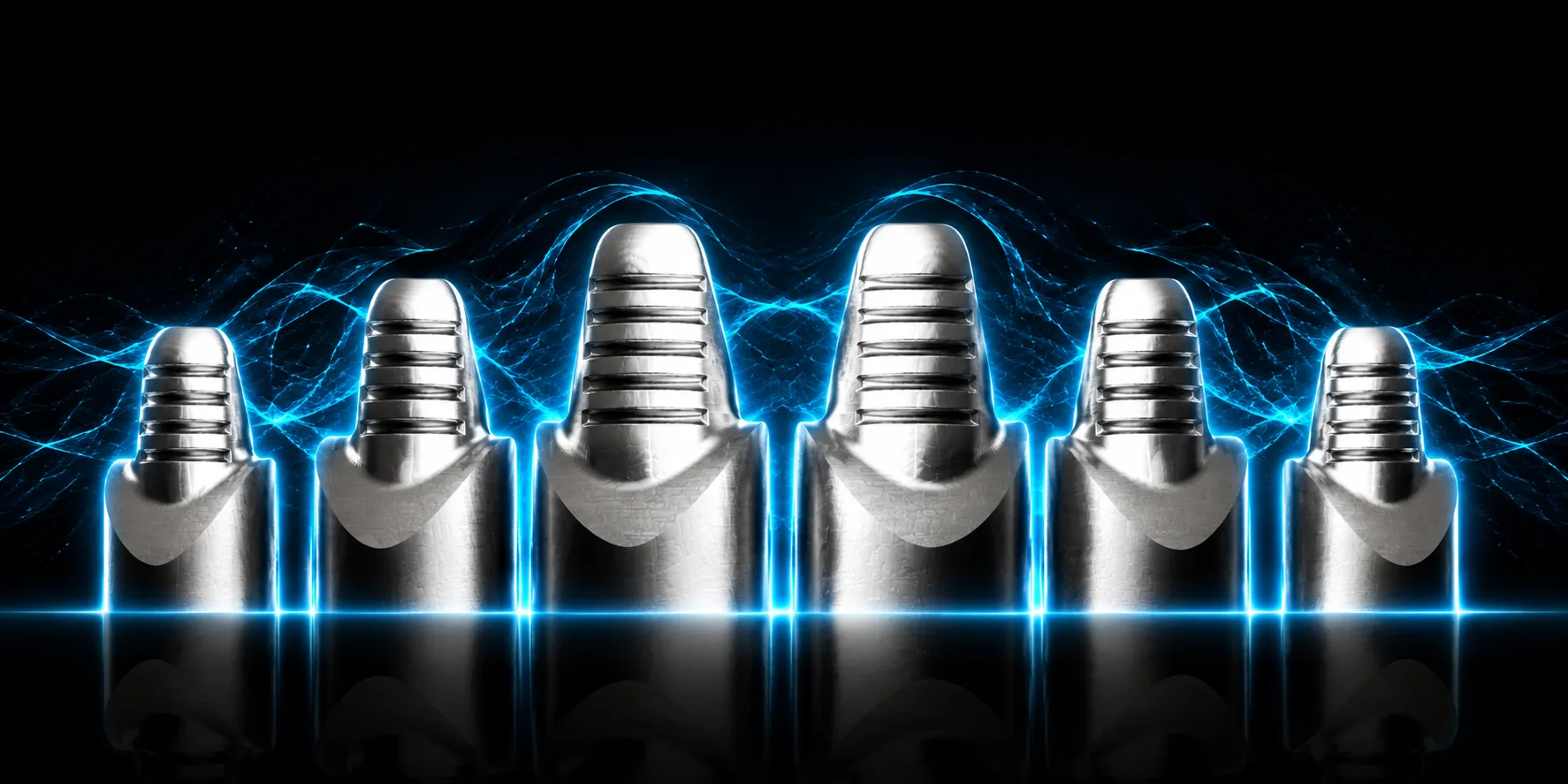 Six metallic thimble copings with electric-aqua energy and glowing contour lines on black