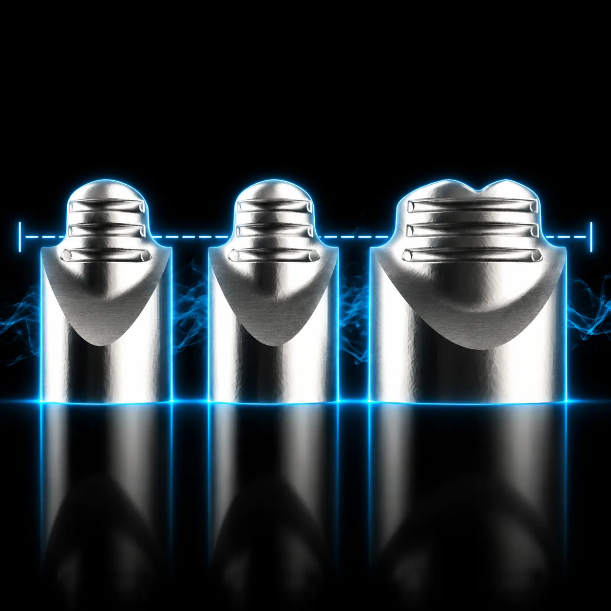 Three thimble copings aligned on a glowing aqua baseline